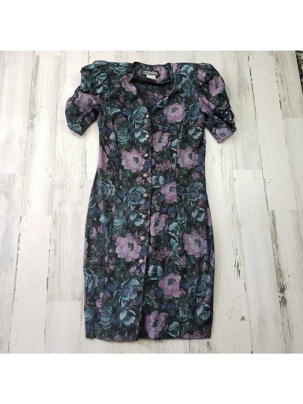 All That Jazz Vintage 80’s Short Sleeve Black Floral Midi Dress Women Size 9/10